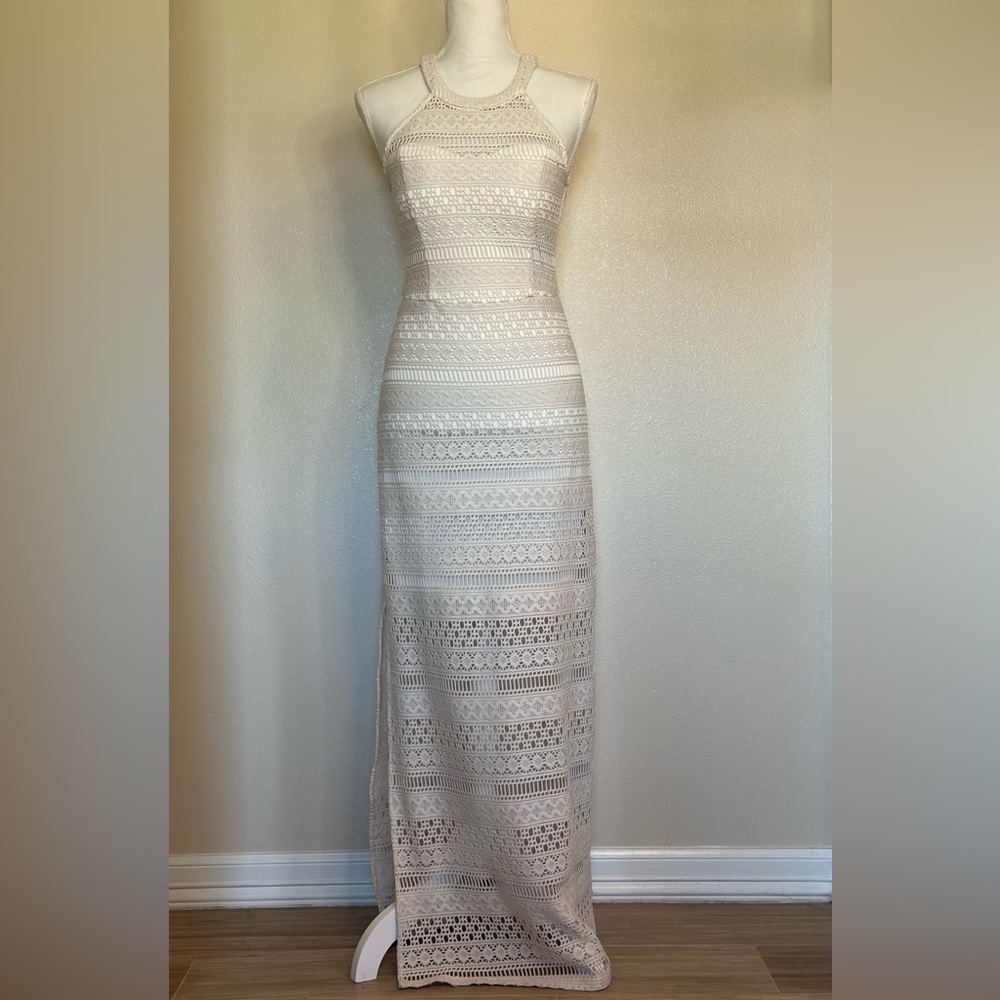 Guess Cream and White Embellished Tiered Maxi Dress